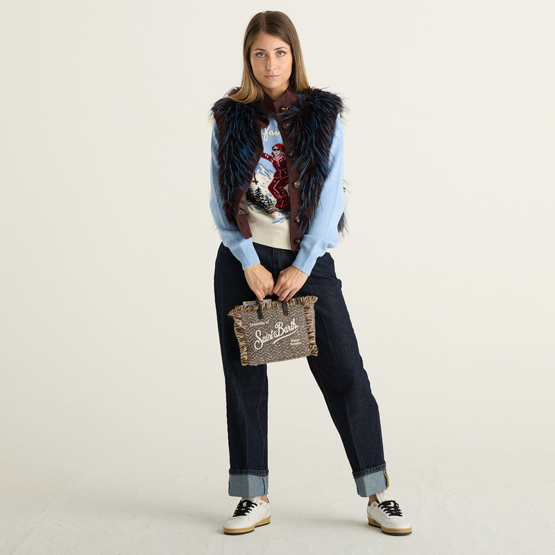 Souvenir Gilet Donna Marrone con Pelliccia a Pelo Lungo Blu e Chiusura con Bottoni