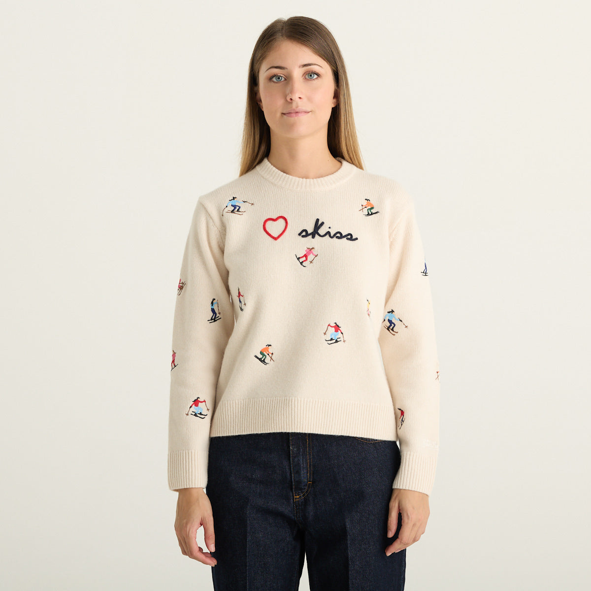 MC2 Saint Barth Maglia Donna Panna con Ricami Sciatori e Scritta Love Skis