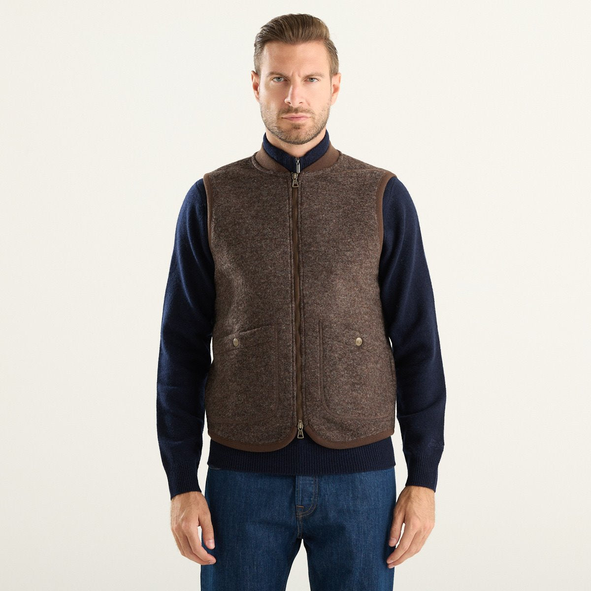 Bl’ker Vintage gilet uomo Wolf in lana cotta marrone scuro