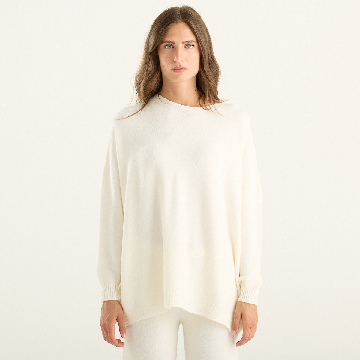 Haveone completo donna panna in maglia con pullover oversize e pantaloni ampi