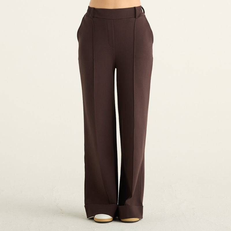 OWN Off With Nature pantaloni donna palazzo marroni in interlock con risvolto