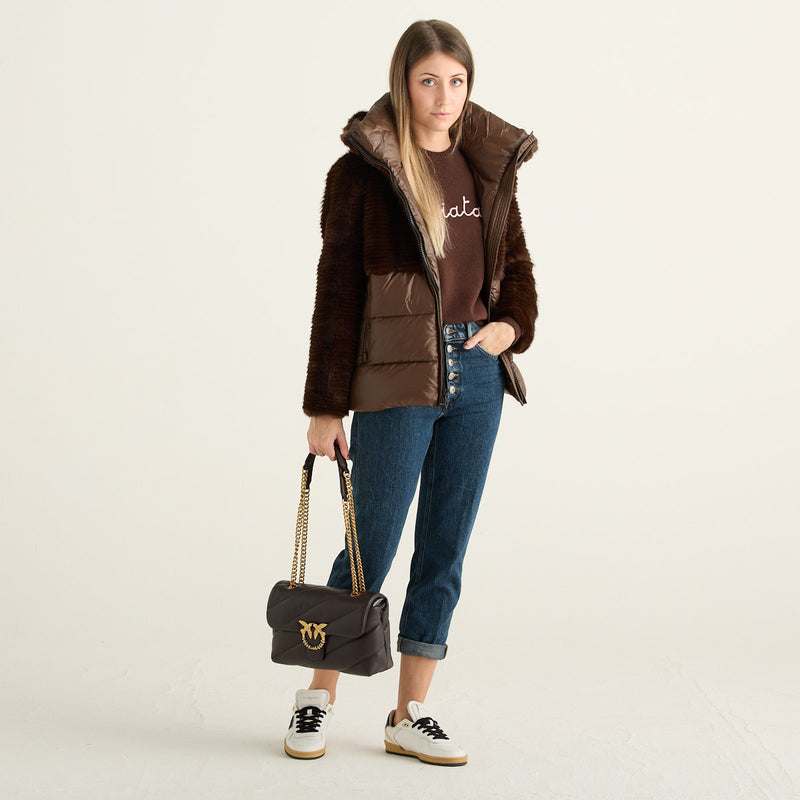 Blauer Fanevil Giubbotto Donna Marrone Cioccolato in Ecopelliccia e Nylon Trapuntato con Cappuccio