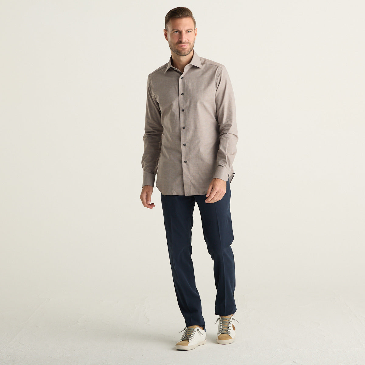 Xacus camicia uomo marrone in twill di cotone Wrinkle Free