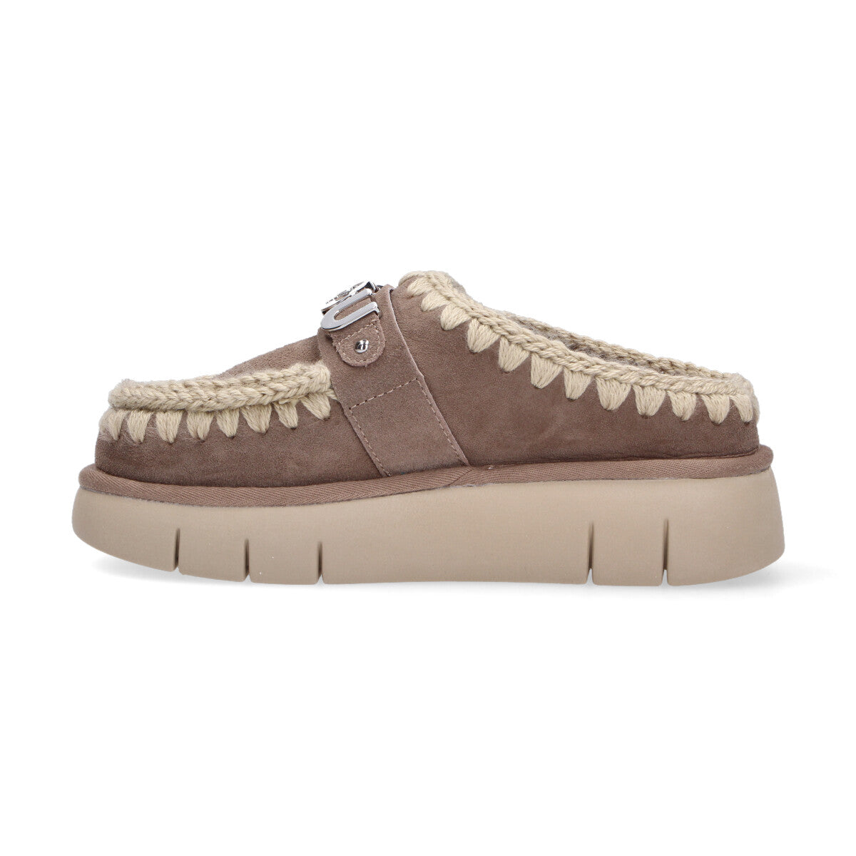 Mou ciabatta Clog metal logo camoscio tortora