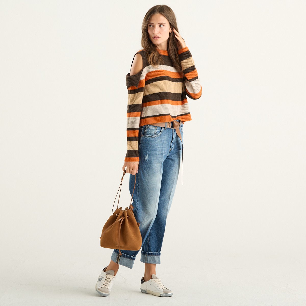Haveone maglia donna a righe multicolore con aperture sulle spalle