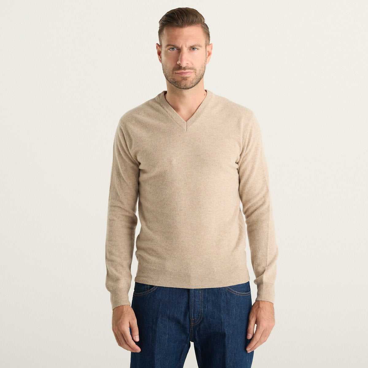 Wool & Co Maglione Uomo Beige in Lana Merino e Cashmere con Scollo a V