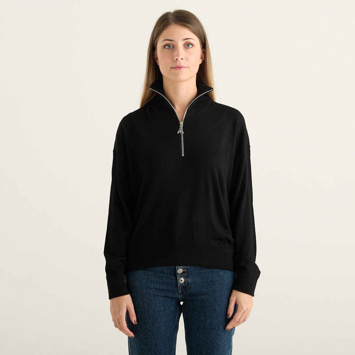 Patrizia Pepe Maglia Donna Nera in Lana con Collo Alto e Mezza Zip