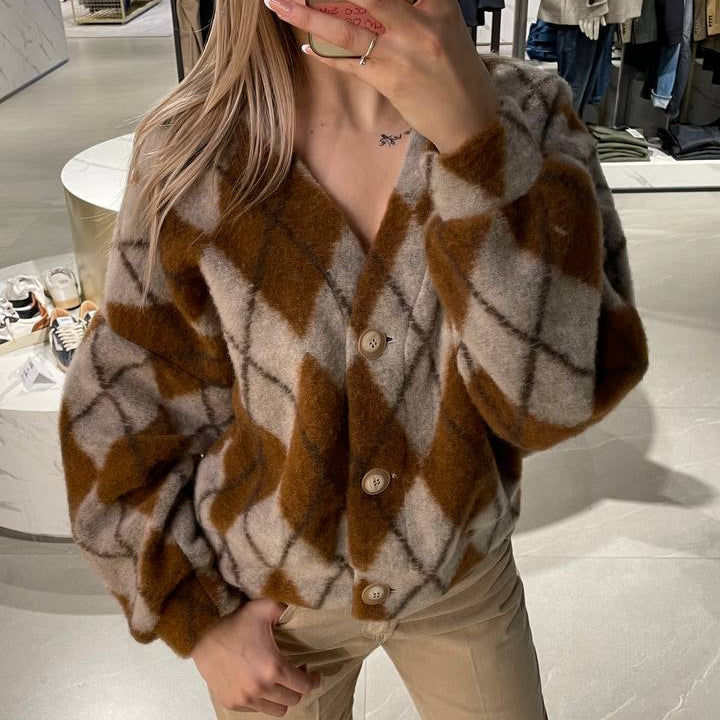 Haveone Cardigan con rombi tessuto marrone