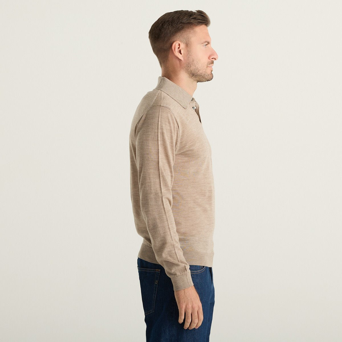 Wool & Co Maglione Polo Uomo Beige Mélange in Lana Merino e Cashmere