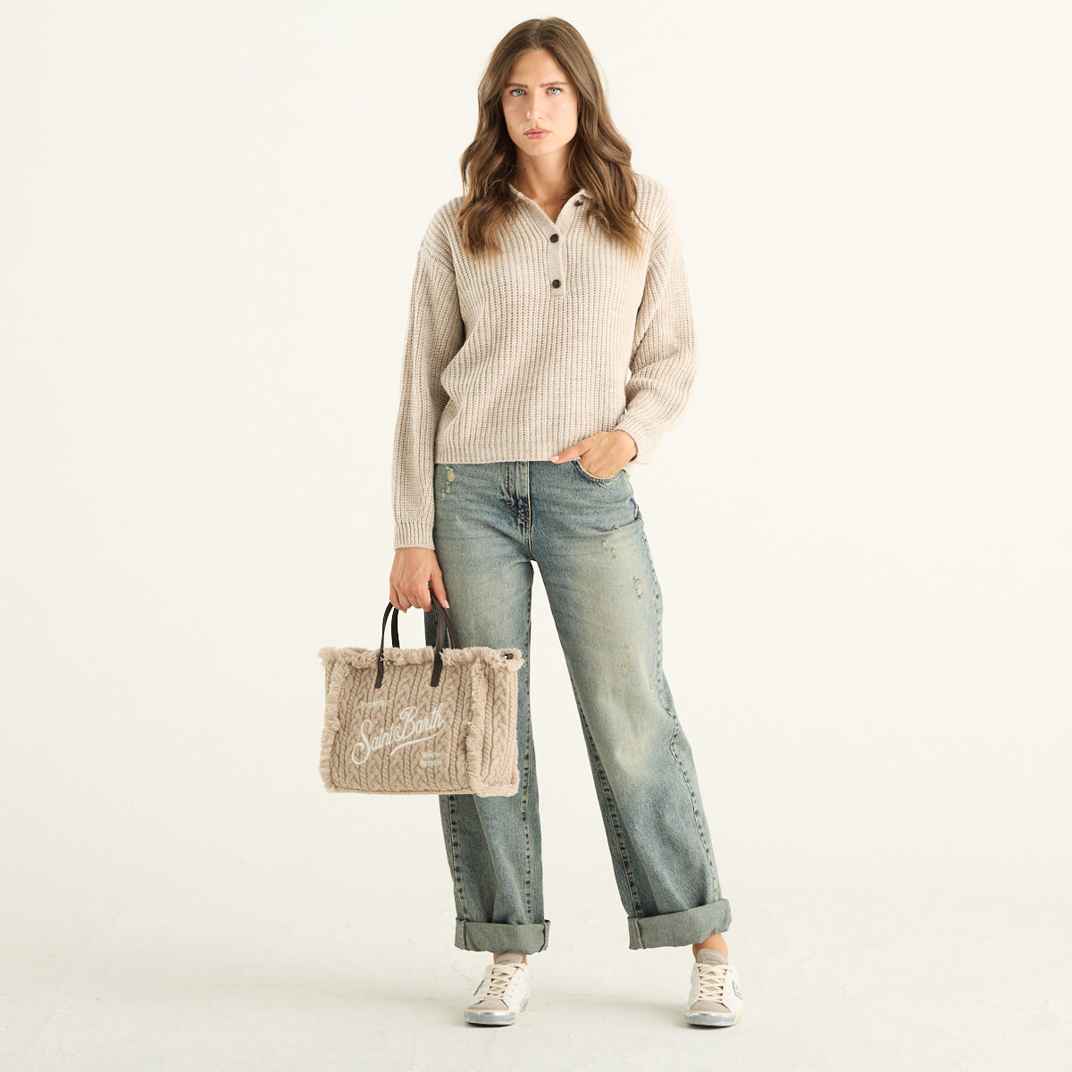 Polo donna beige in maglia a costa inglese Haveone