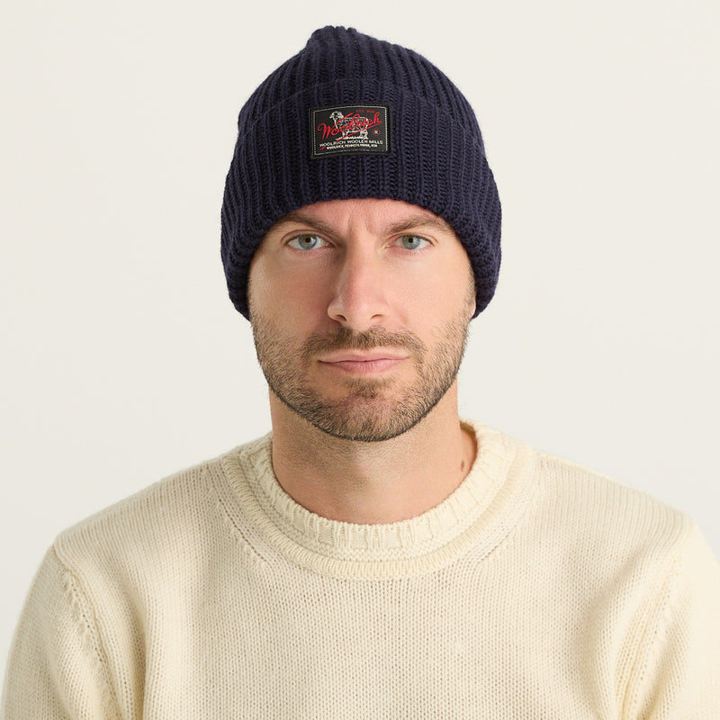Woolrich Berretto Uomo Blu Navy in Maglia a Costine con Logo