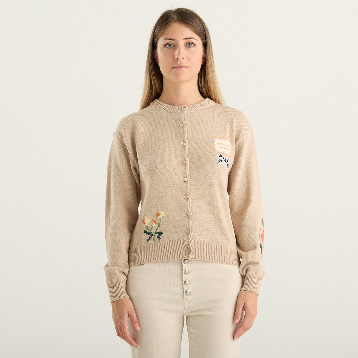 Weekend Max Mara cardigan donna Teiera in cotone beige con ricami