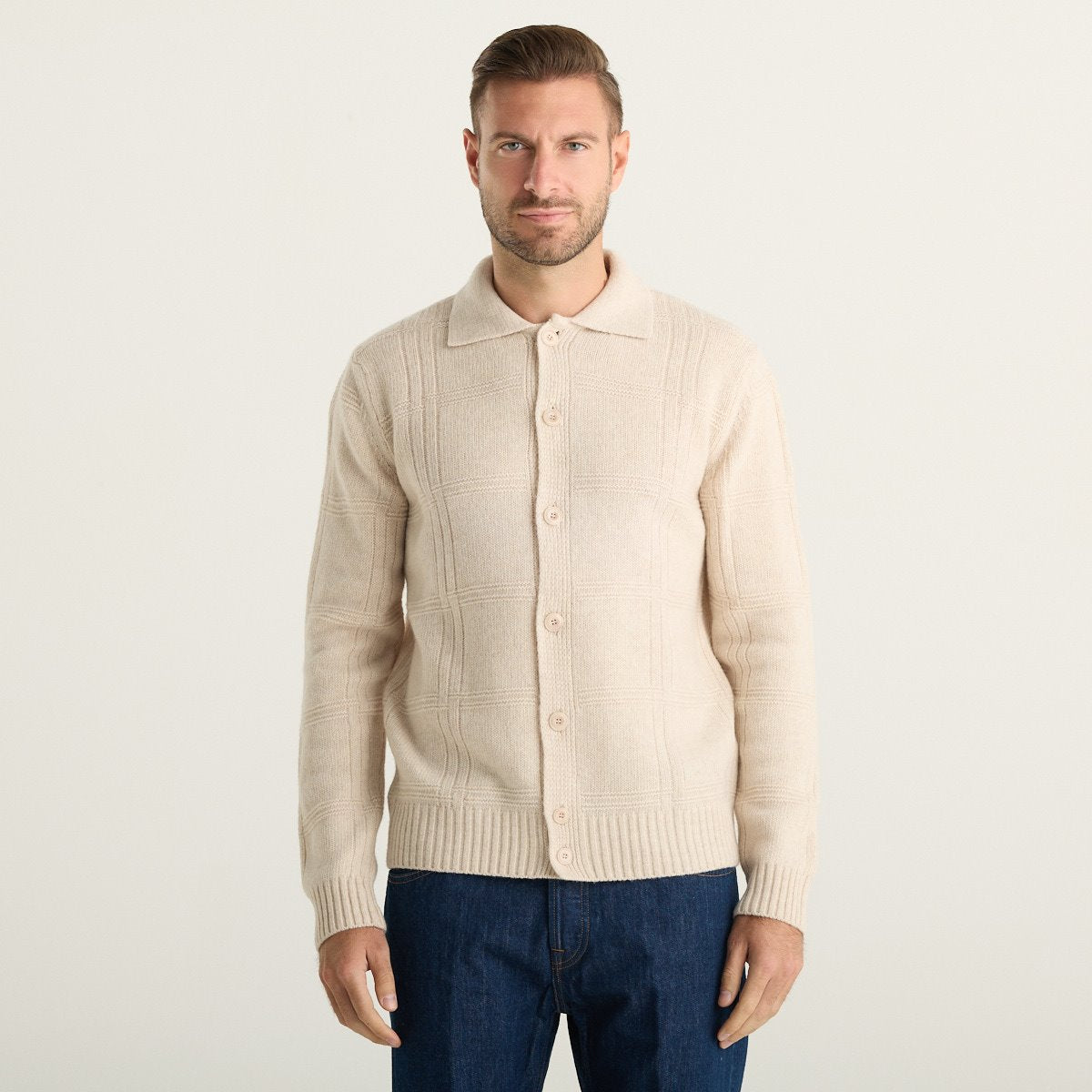 Wool & Co Cardigan Uomo Panna con Colletto e Bottoni in Maglia Lavorata