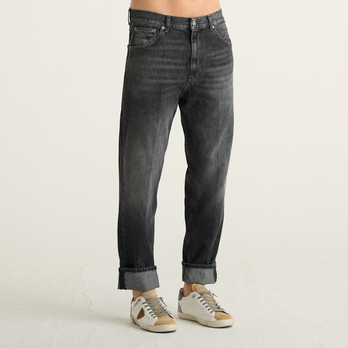 Dondup Jeans Uomo Grigio Scuro Slavato con Gamba Dritta e Vestibilità Relaxed
