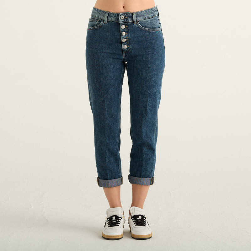 Dondup Koons Jeans Donna Blu Medio con Bottoni a Vista, Gamba Morbida e Risvolto