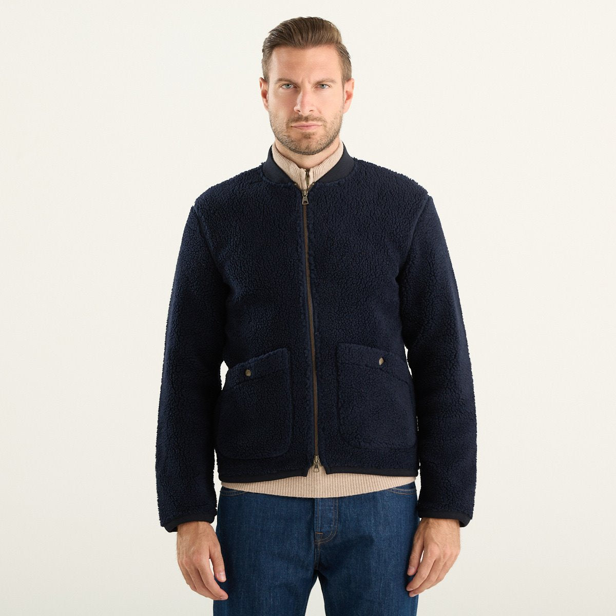 Bl’ker Vintage giacca uomo effetto sherpa blu navy con zip