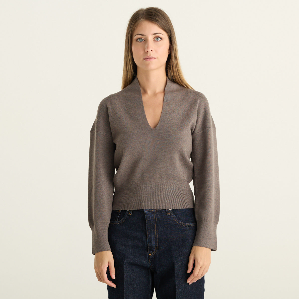 Mei Mei J Maglia Donna Tortora Mélange con Scollo a V e Maniche Lunghe