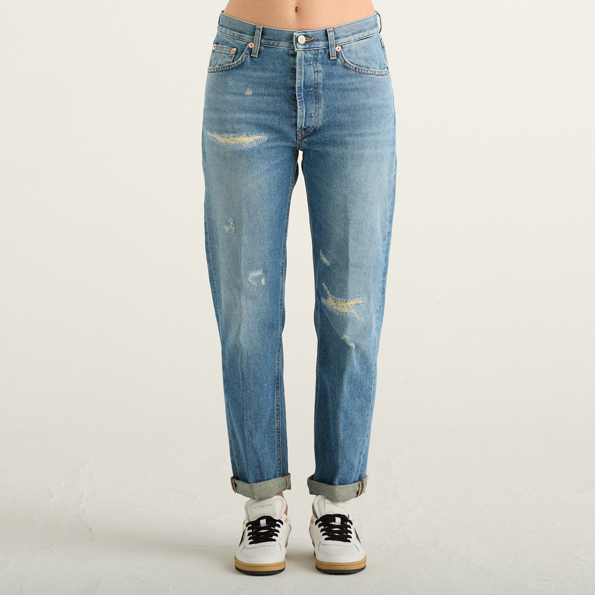 Dondup Jeans Donna Blu Chiaro con Strappi, Gamba Dritta e Risvolto