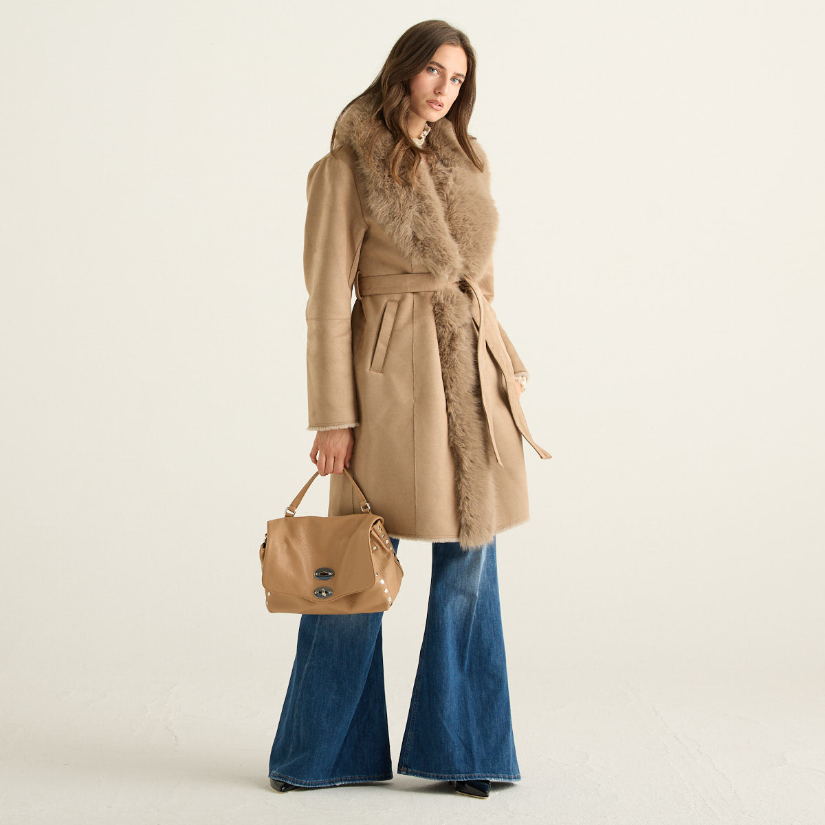 Blanche Cappotto Donna Tortora con Cintura in Vita e Collo in Pelliccia