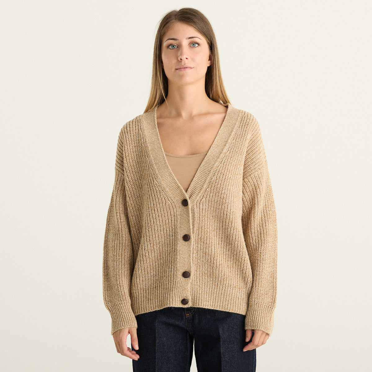 Haveone Cardigan Donna Beige Mélange in Maglia a Coste con Scollo a V e Bottoni