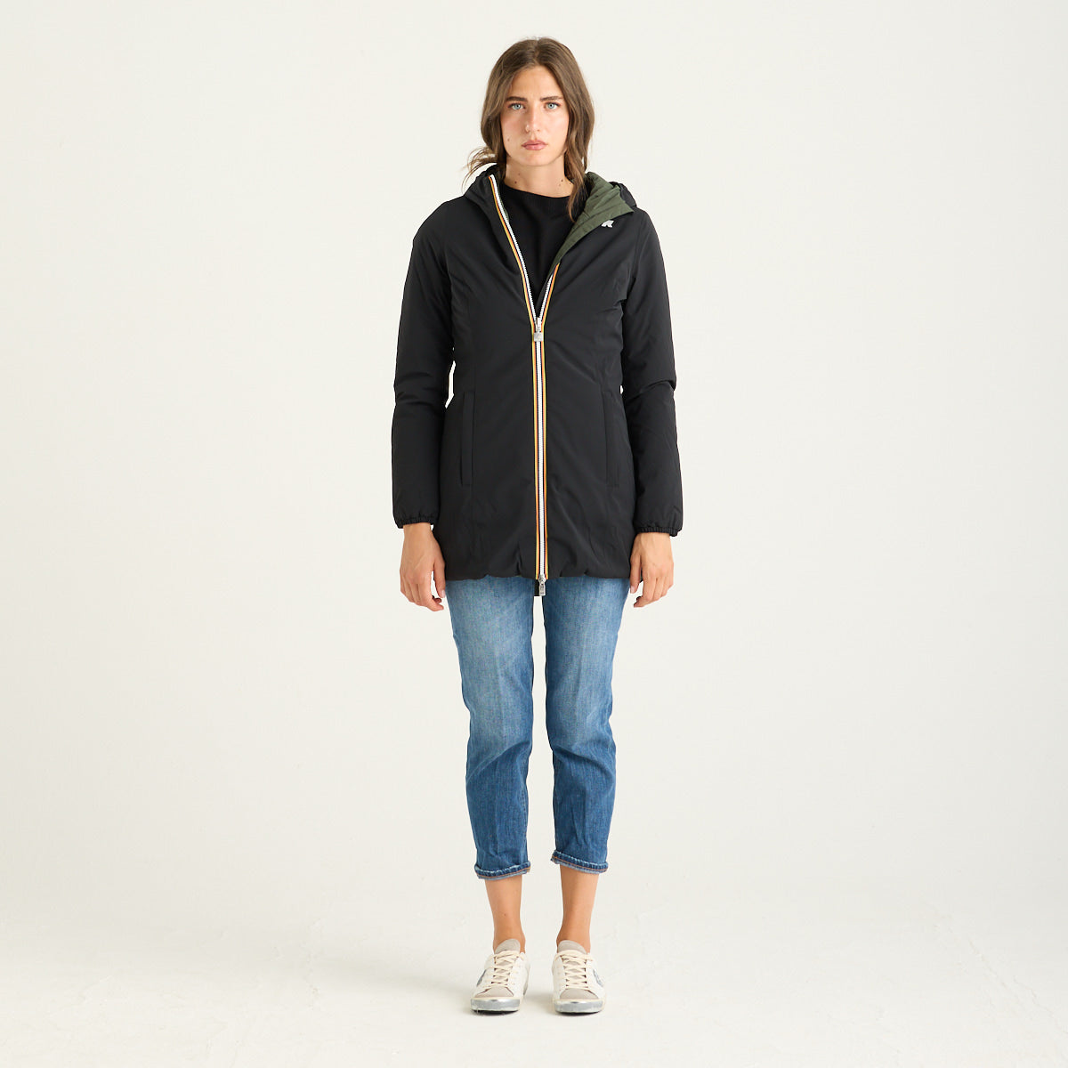 K-Way giubbotto denise lungo reversibile nero e verde con cappuccio