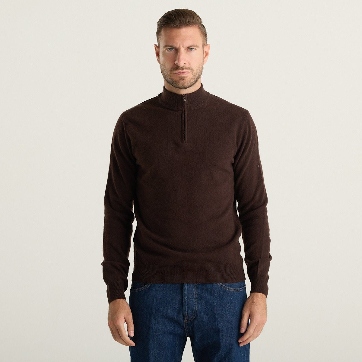 Wool & Co Maglione Uomo Marrone Scuro con Collo Alto e Mezza Zip