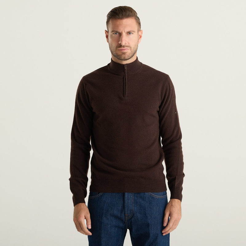Wool & Co Maglione Uomo Marrone Scuro con Collo Alto e Mezza Zip