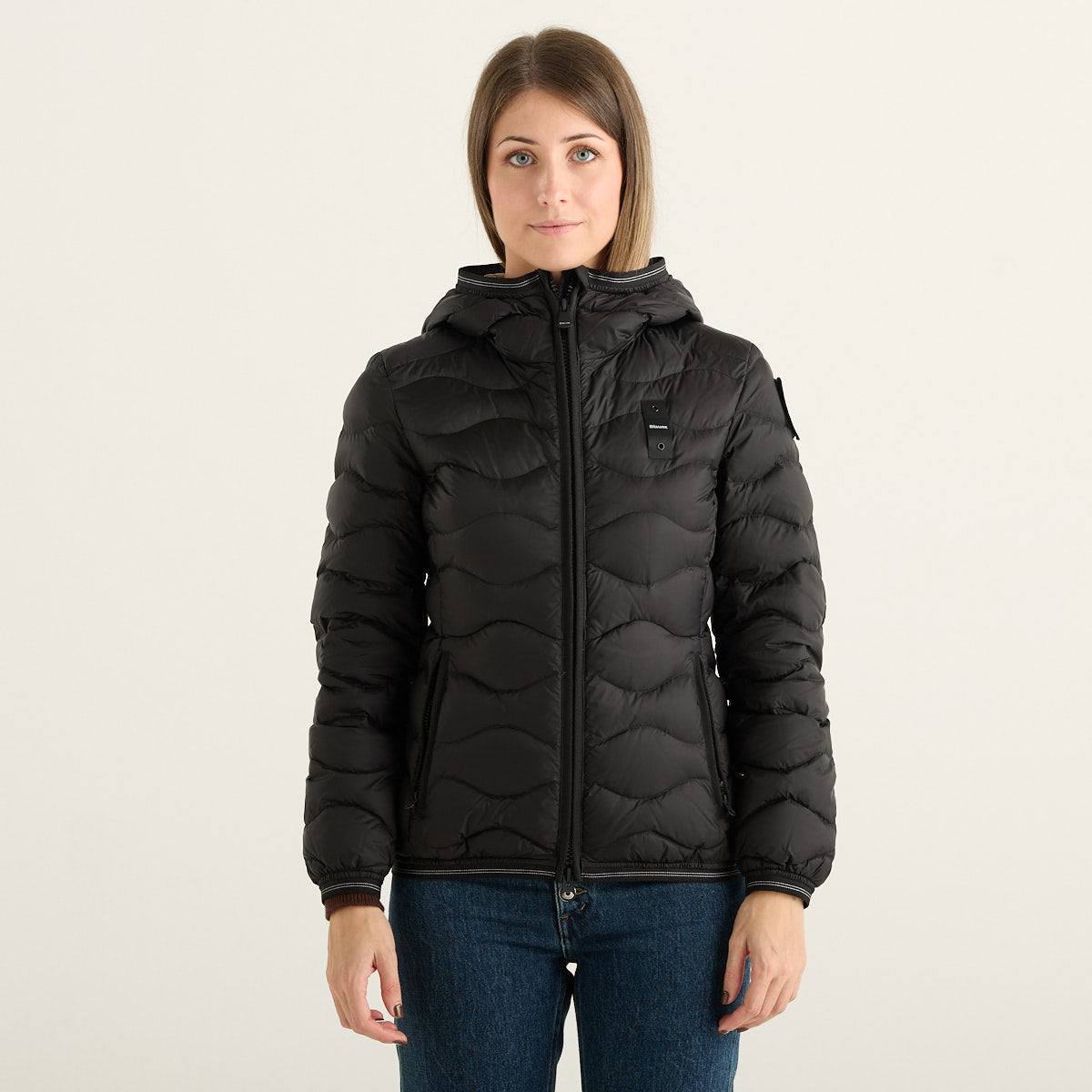 Blauer Camelia Piumino Corto Donna Nero con Cappuccio e Trapuntatura Ondulata