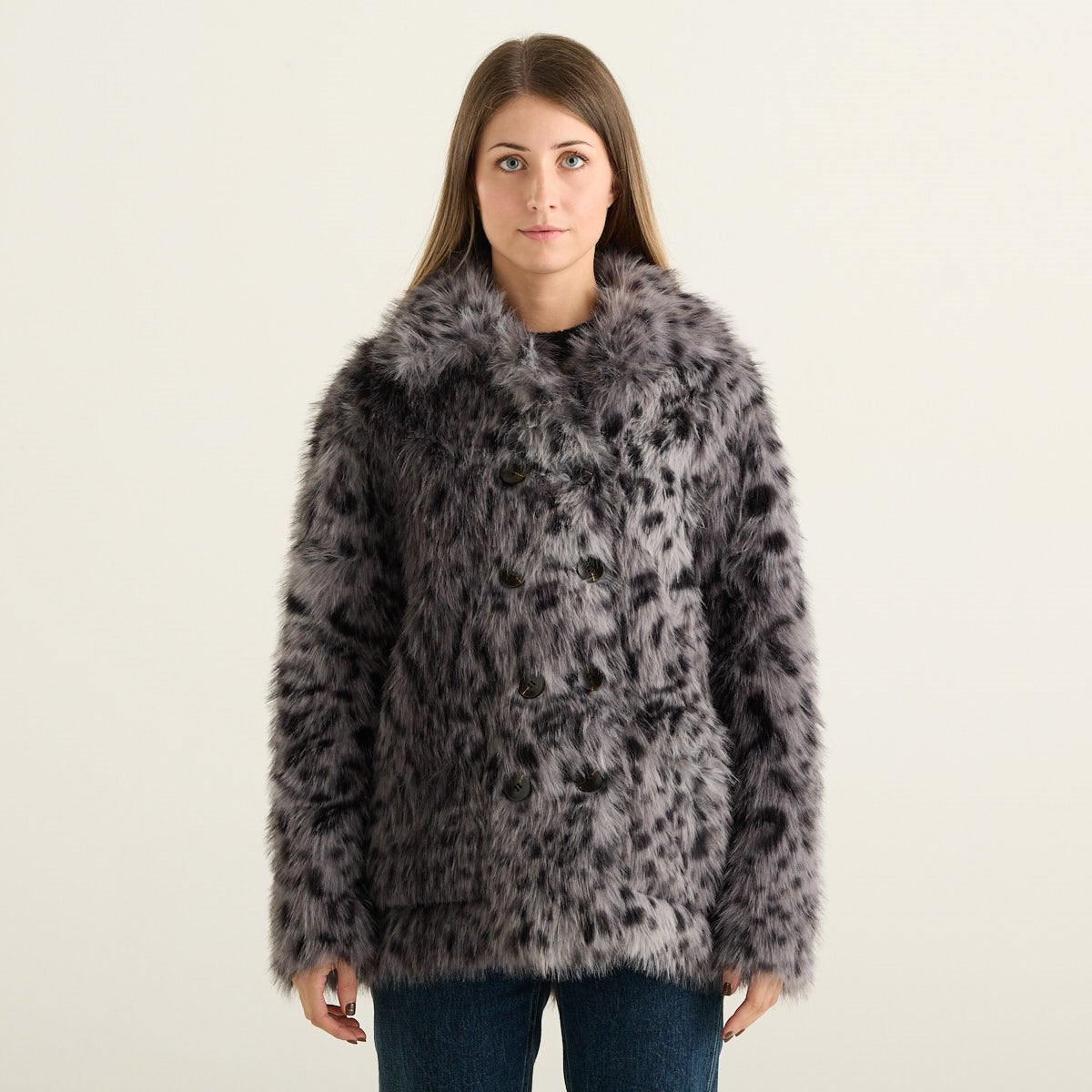 Blanche Giacca Reversibile Donna Grigio Leopardato e Nero con Pelliccia Effetto Montone