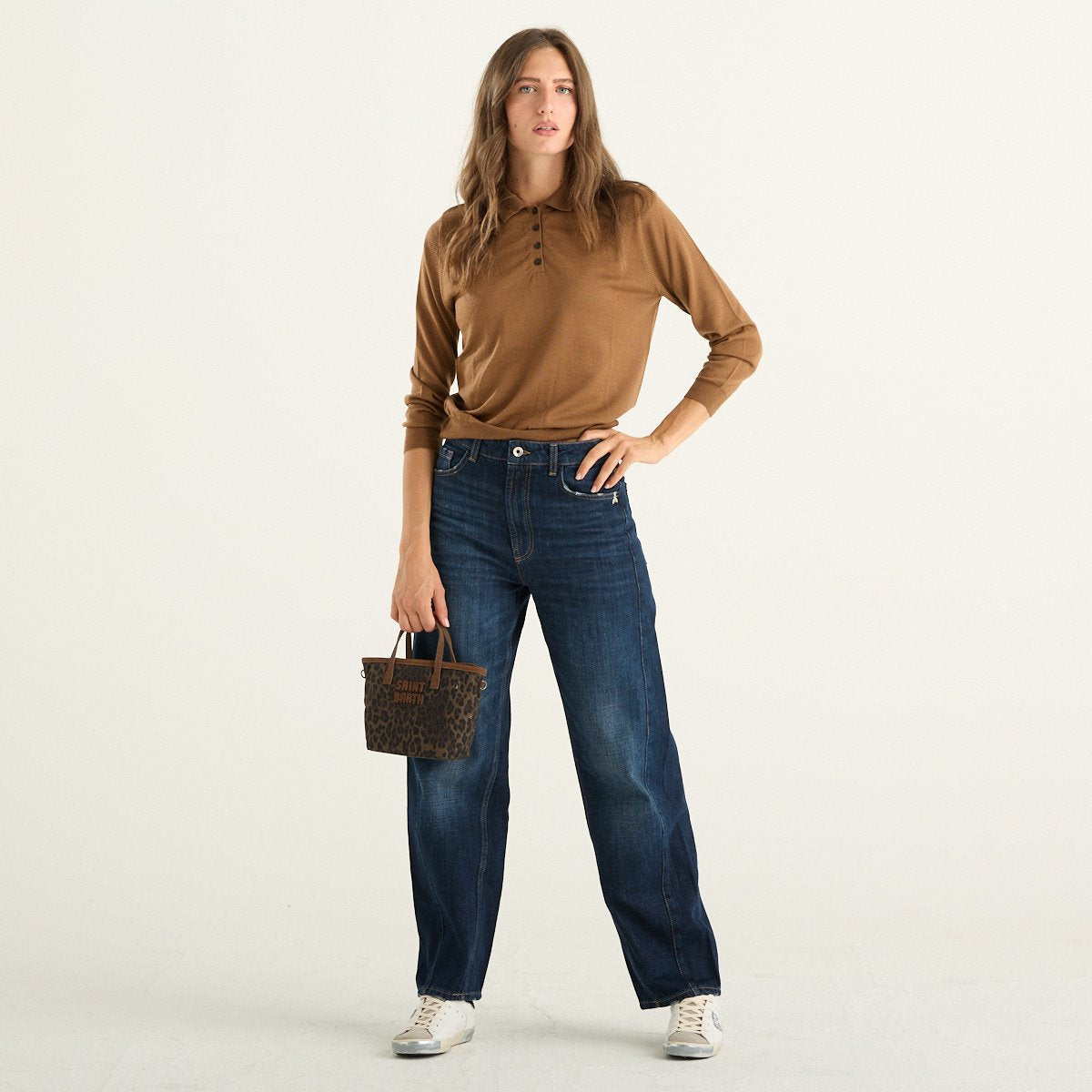 Solo Tre maglia polo donna in lana color cuoio a maniche lunghe