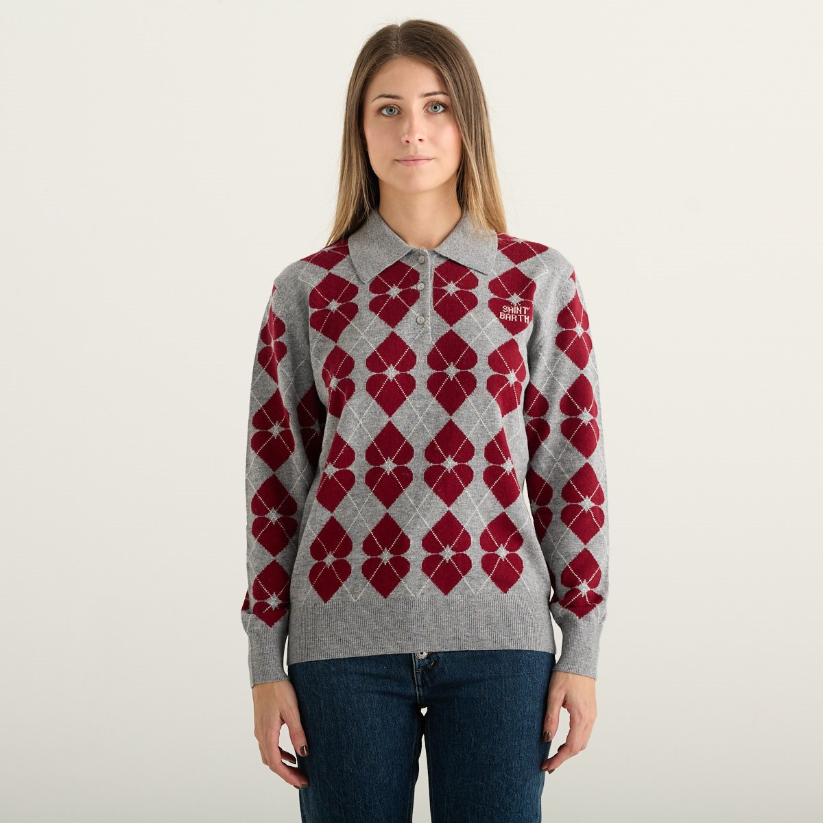 MC2 Saint Barth Maglia Polo Donna Grigia con Cuori Bordeaux