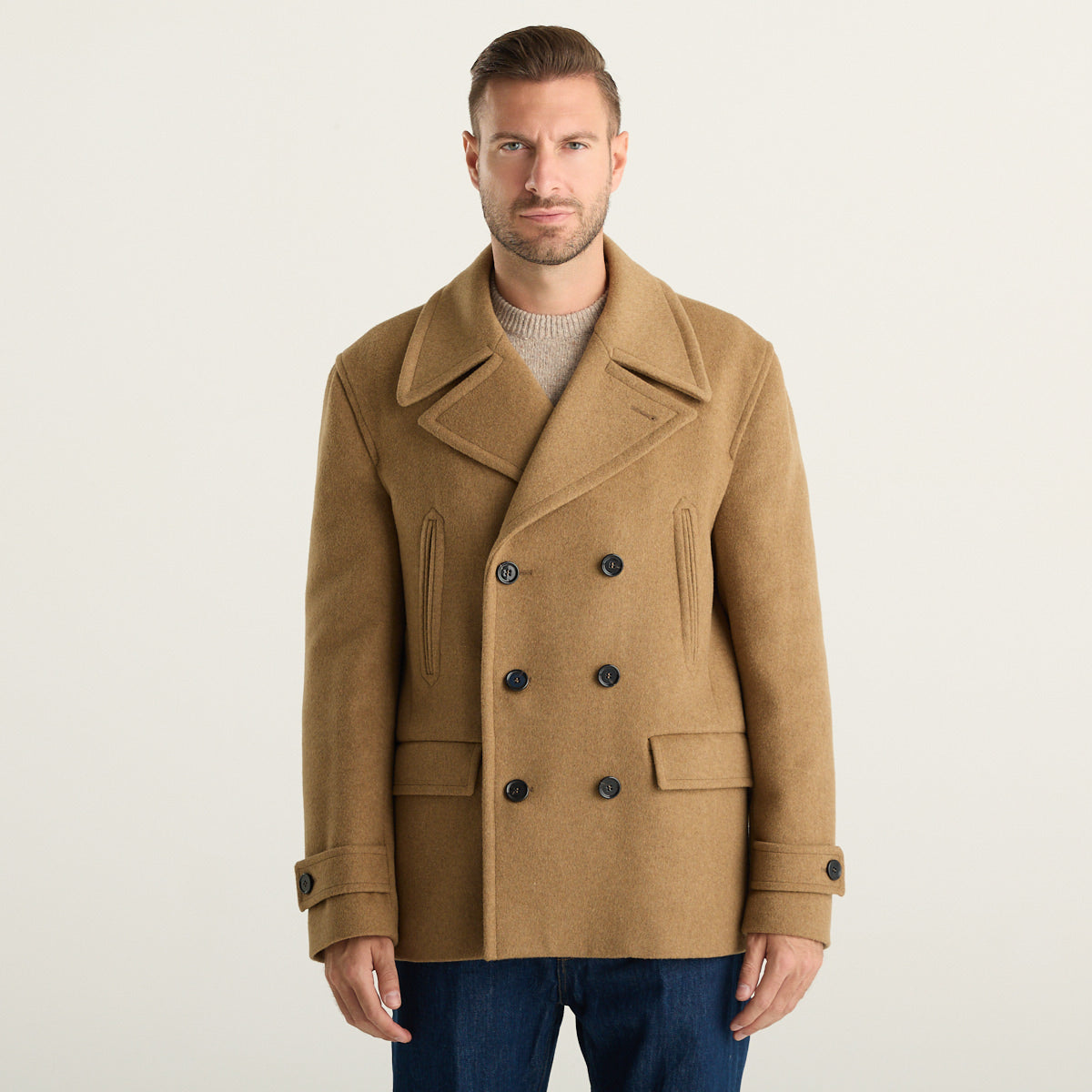 Dondup Cappotto Corto Uomo Cammello Doppiopetto con Rever Ampi