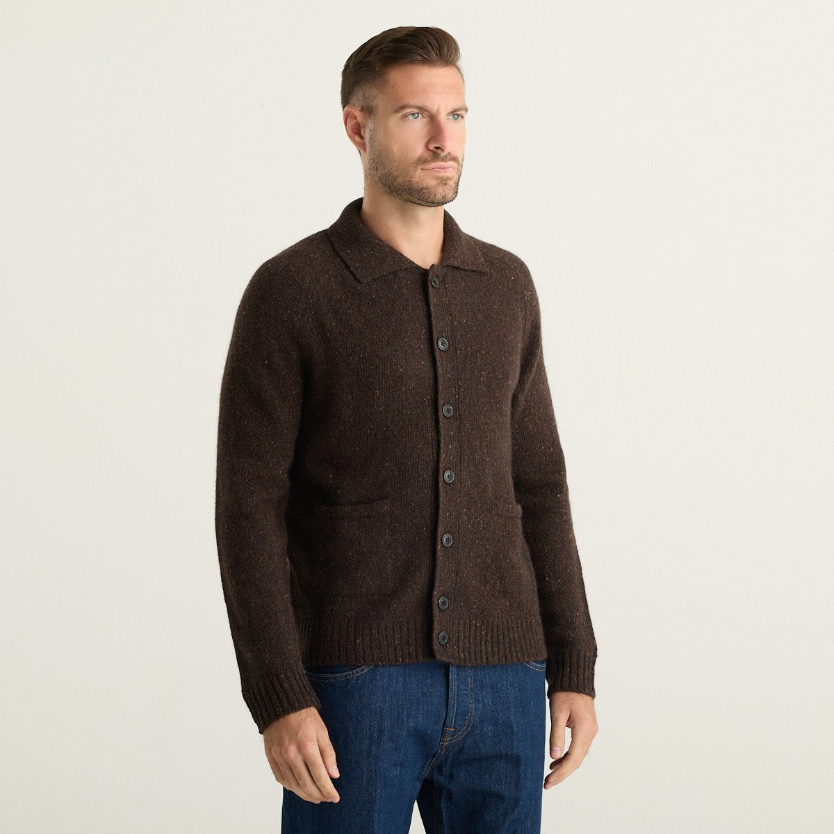 Wool & Co Cardigan Uomo Marrone Scuro con Bottoni, Colletto e Tasche