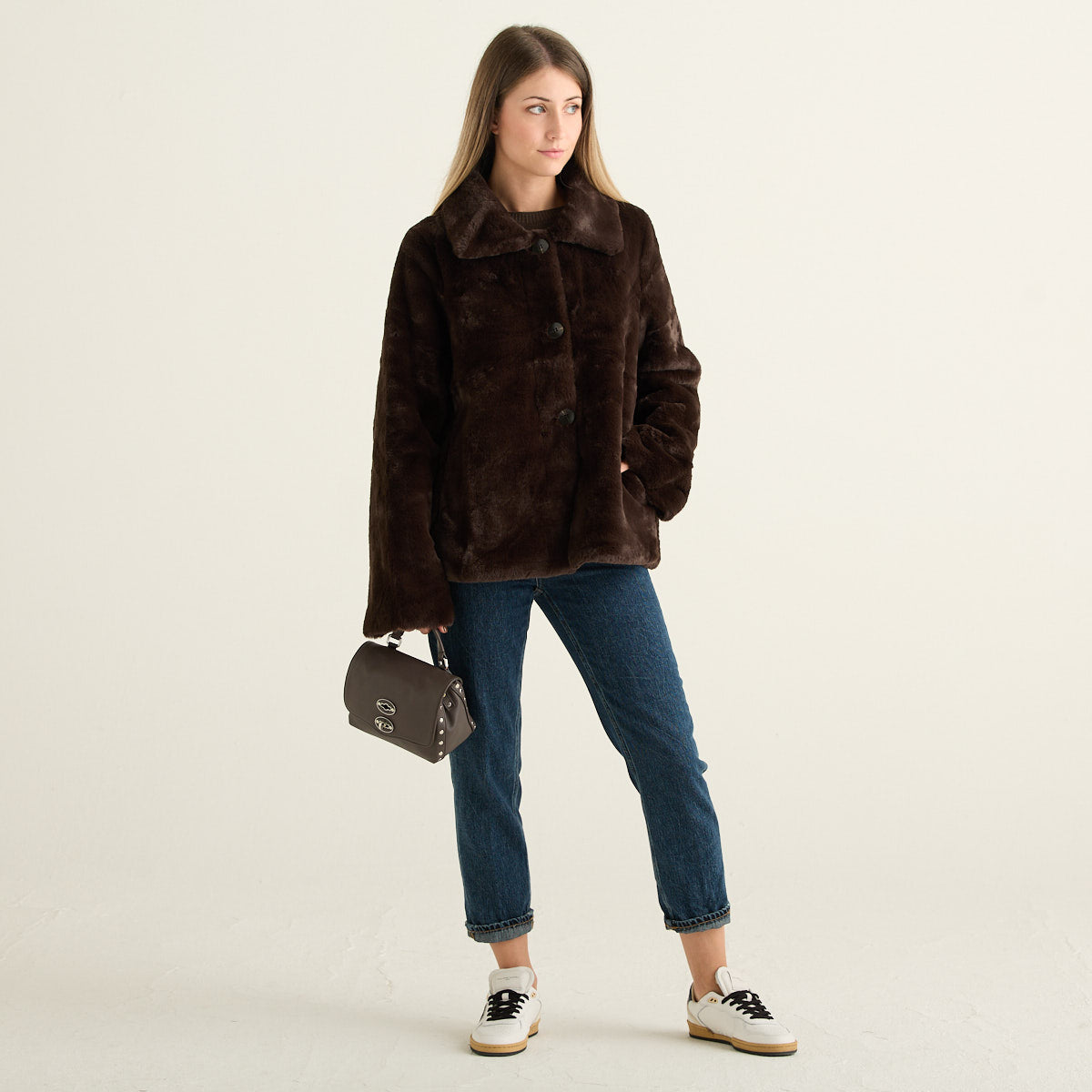 Blanche Giacca Reversibile Donna Marrone Cioccolato in Pelliccia Effetto Montone