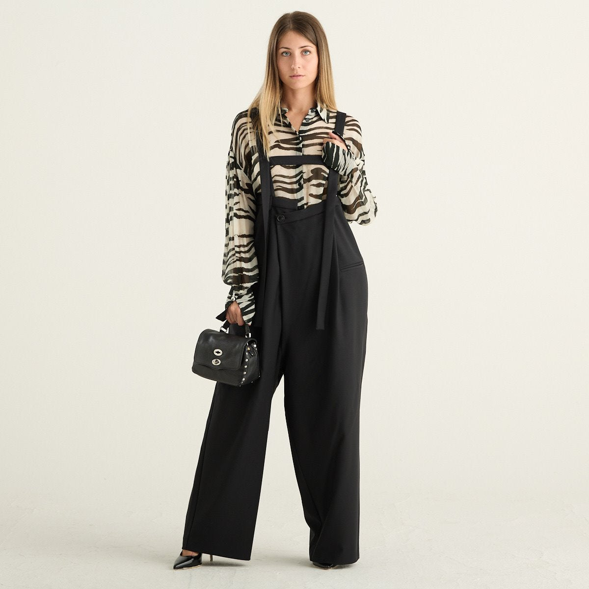 Meimeij pantaloni donna neri a gamba larga con bretelle