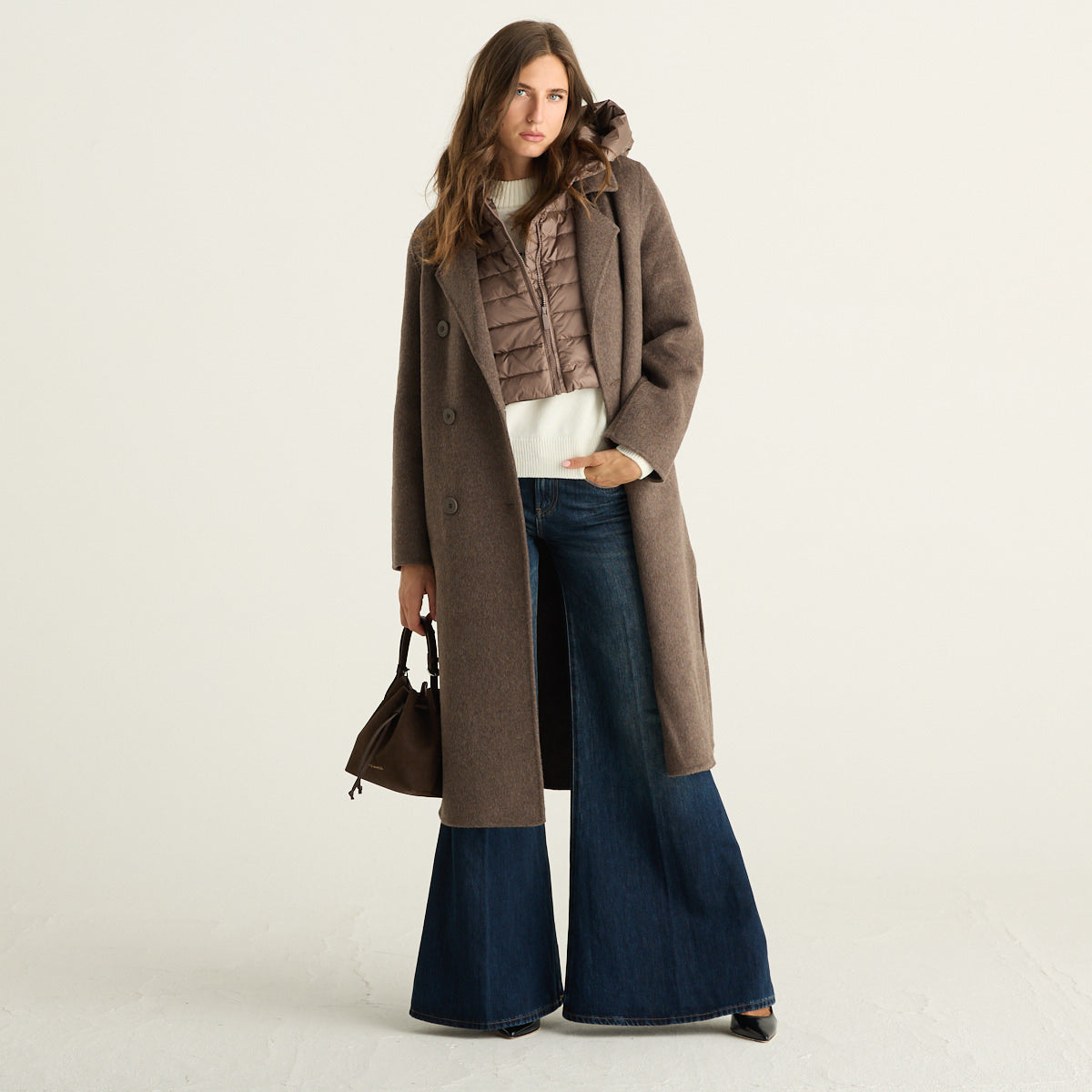 Bomboogie Cappotto Donna Doppiopetto Tortora Mélange con Cappuccio Imbottito