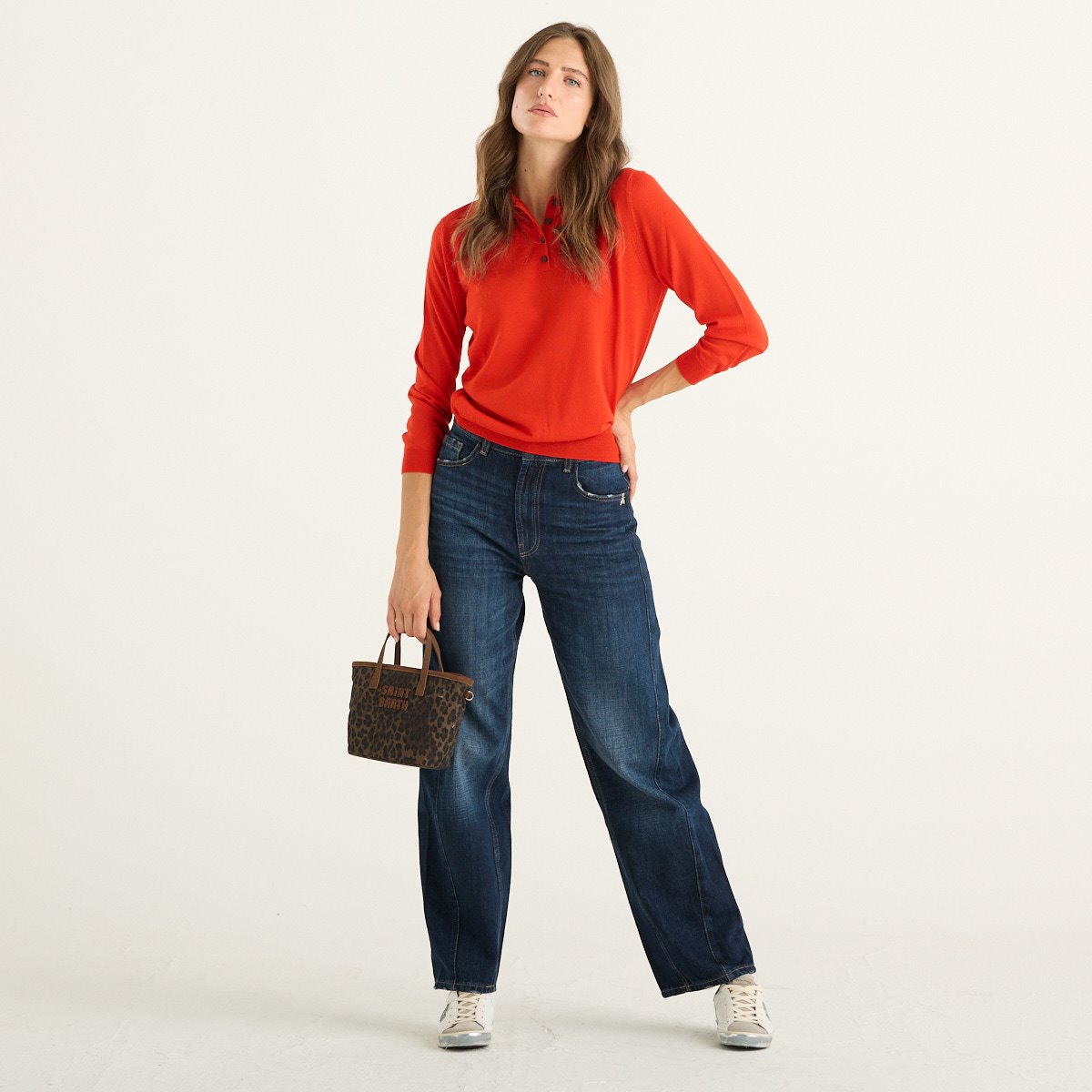 Solo Tre maglia polo donna in lana rosso aranciato a maniche lunghe