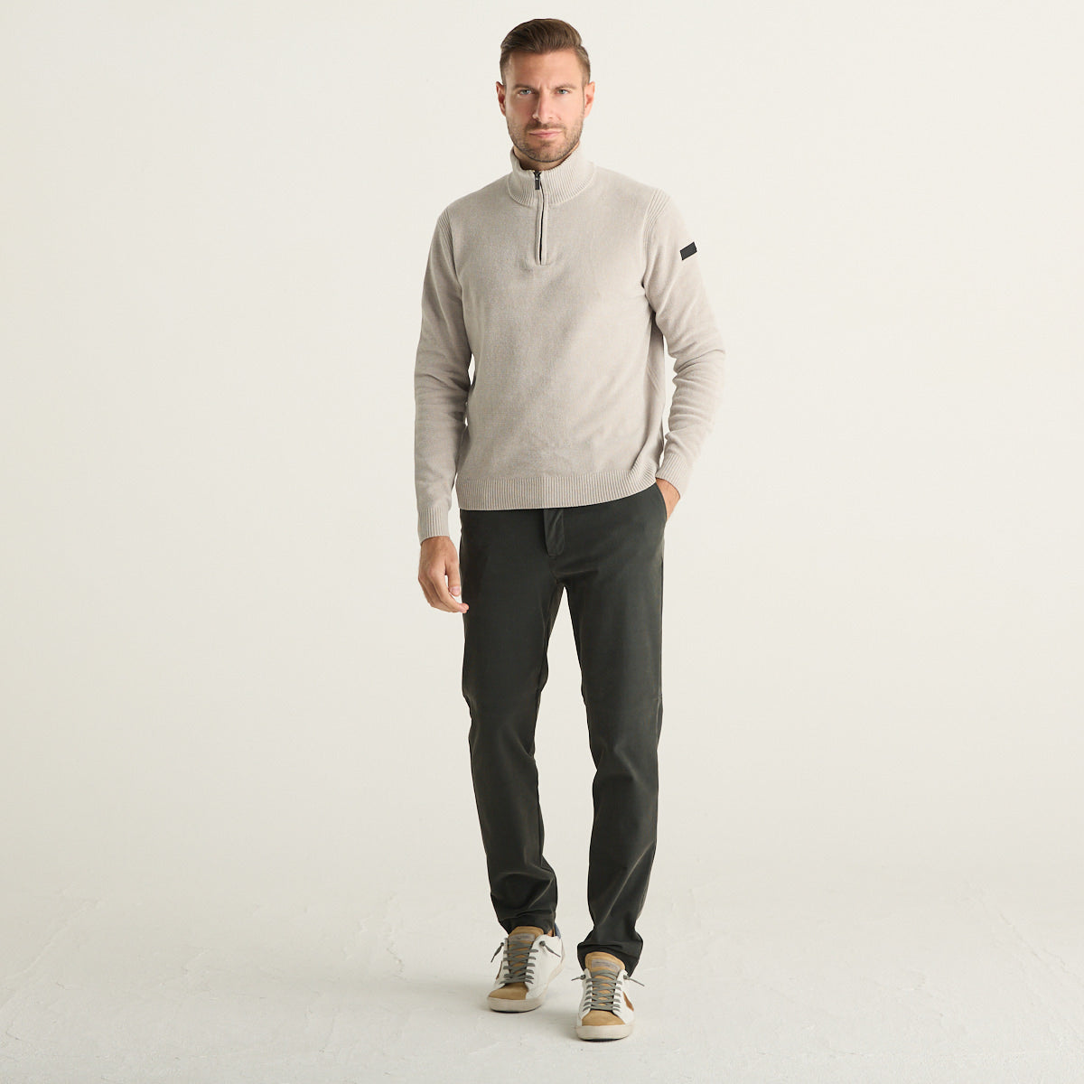 RRD Maglia Uomo Beige Mélange con Collo Alto e Mezza Zip