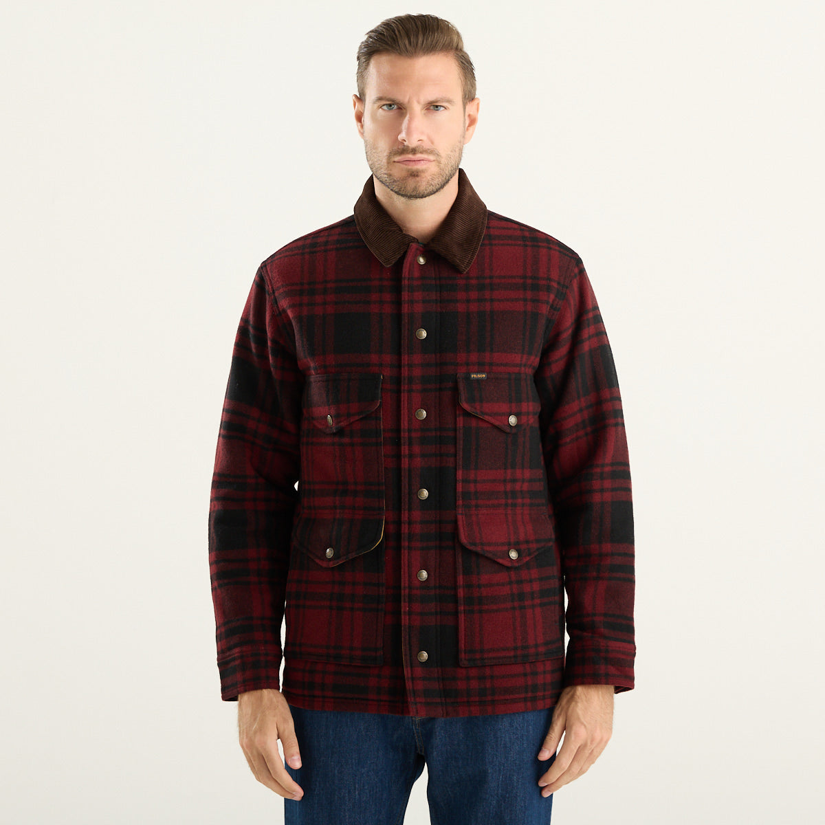 Filson – Giacca Spokane Insulated Cruiser tartan rosso e nero