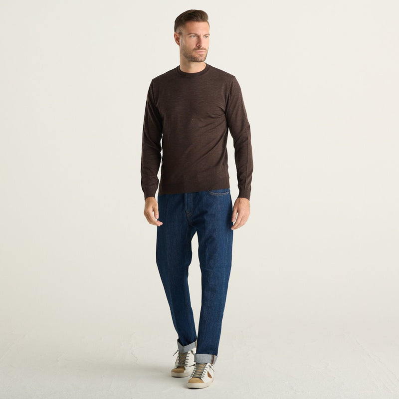 Wool & Co Maglione Girocollo Uomo Marrone Mélange in Maglia Fine