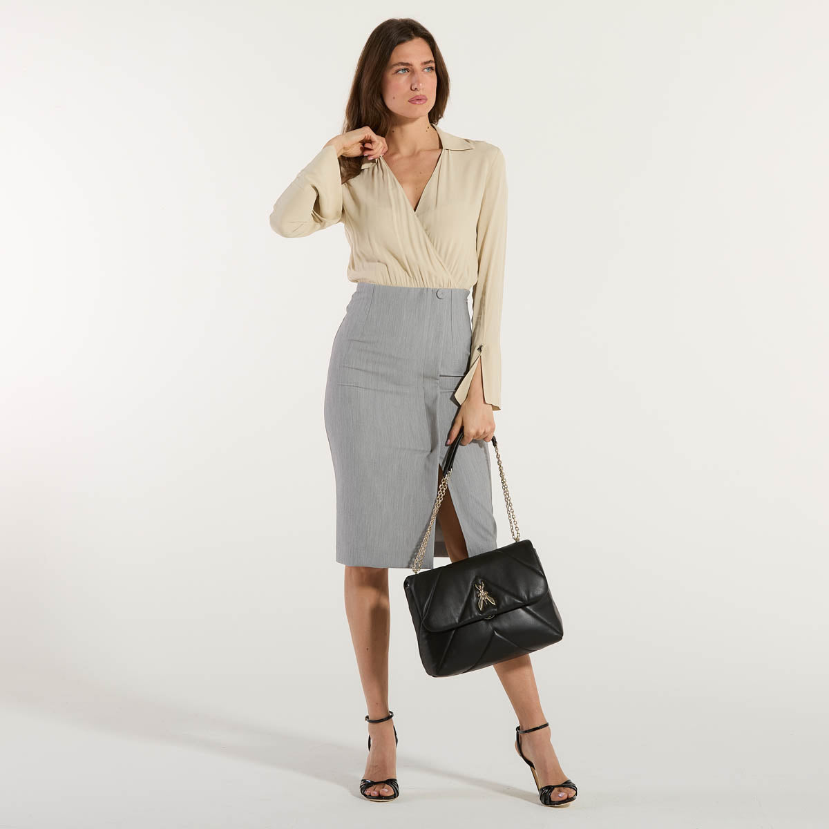 Patrizia Pepe abito midi in tessuto grigio e beige