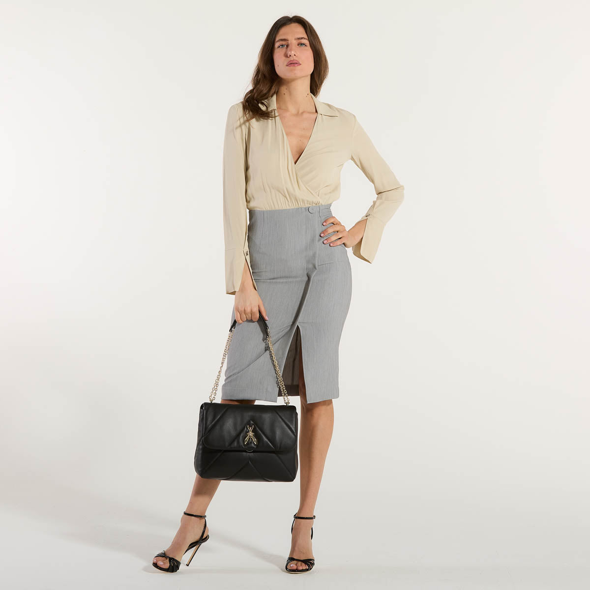 Patrizia Pepe abito midi in tessuto grigio e beige