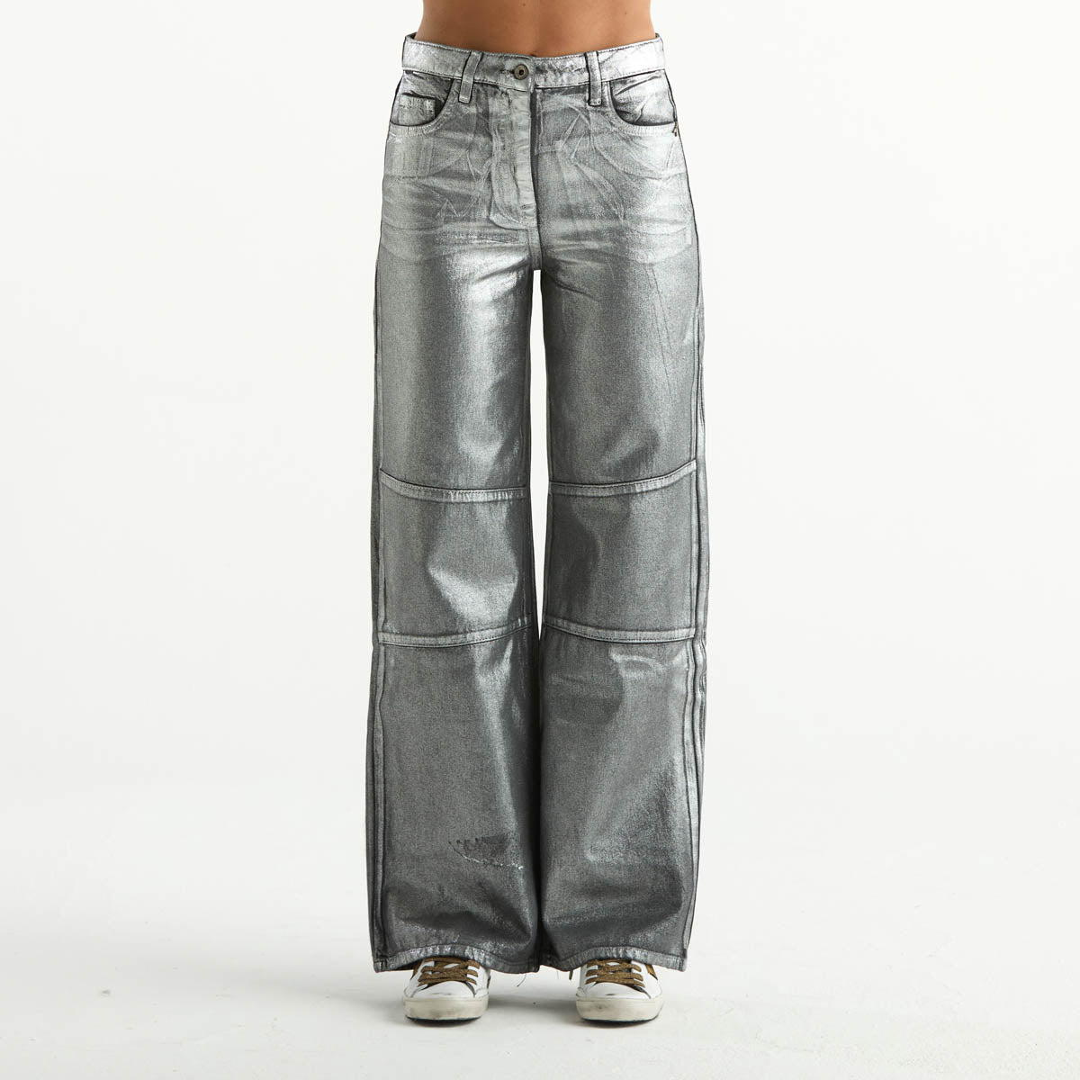 Patrizia Pepe jeans in tessuto spalmato argento