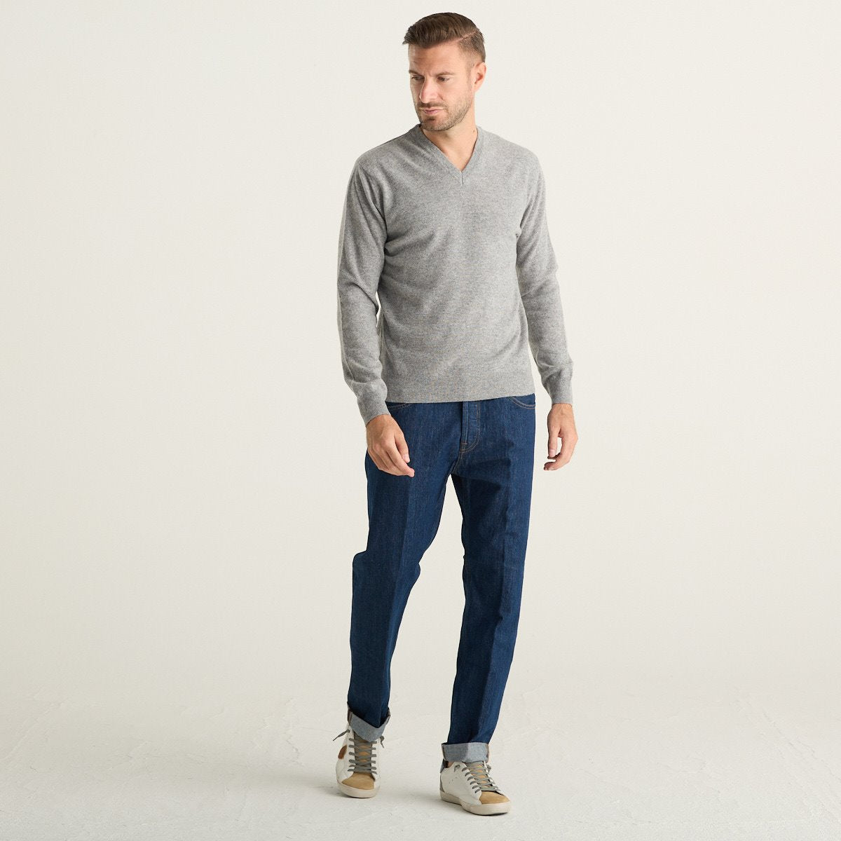 Wool & Co Maglione Uomo Grigio Mélange in Lana Merino e Cashmere con Scollo a V