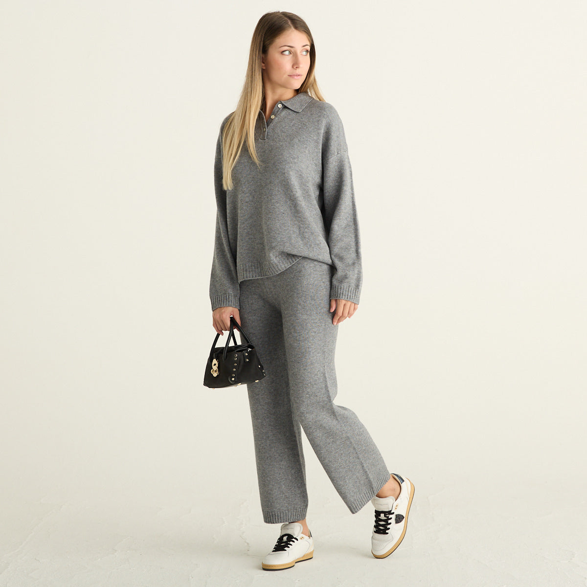 Haveone Completo Donna Grigio Mélange in Maglia con Polo e Pantaloni a Gamba Larga