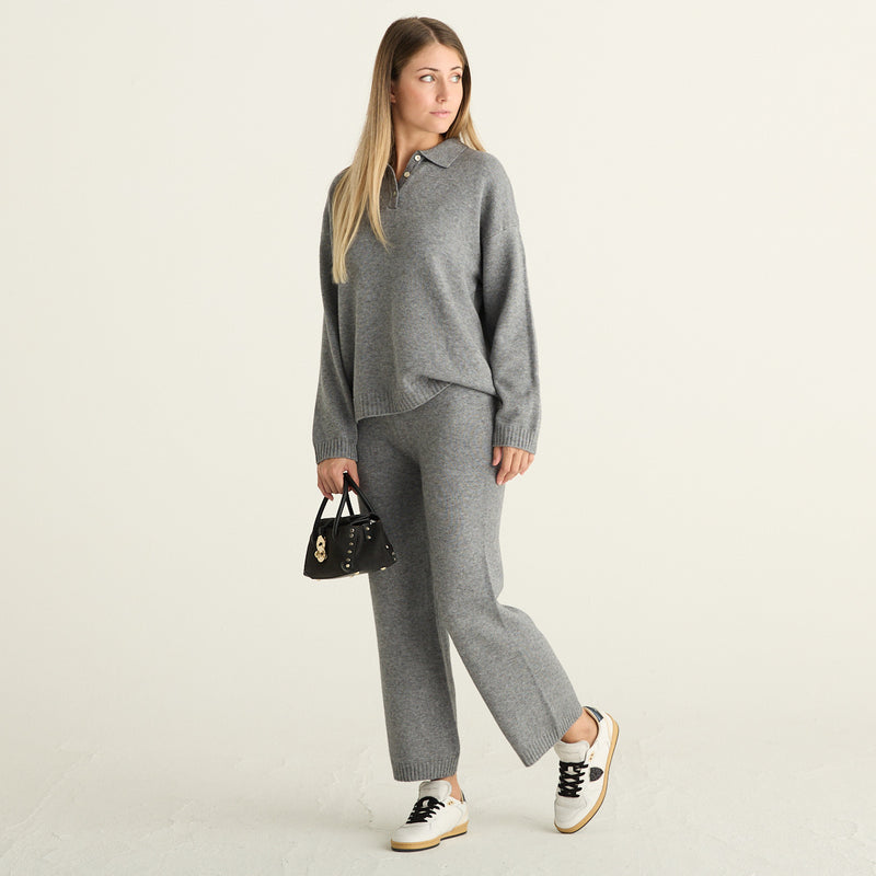 Haveone Completo Donna Grigio Mélange in Maglia con Polo e Pantaloni a Gamba Larga