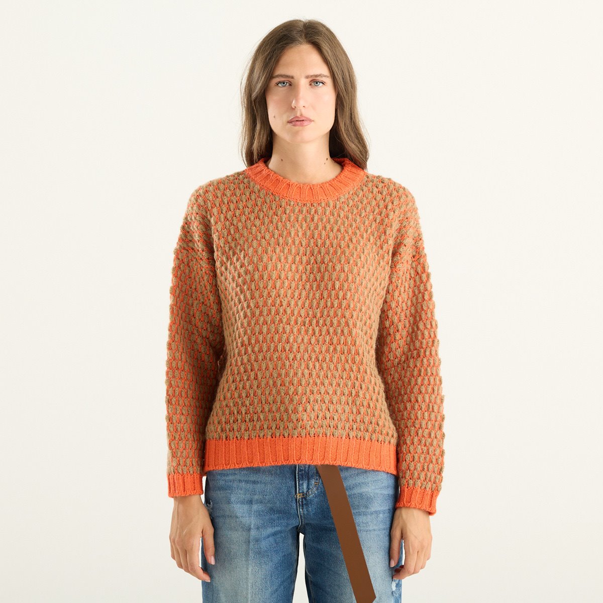 Haveone maglia donna girocollo arancione e beige con lavorazione a rilievo