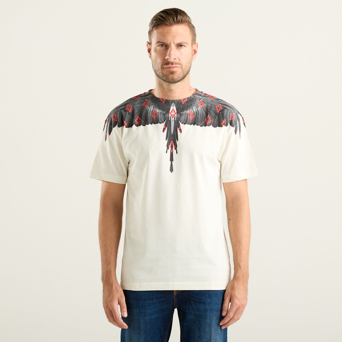 Marcelo Burlon Wings T-Shirt Uomo Panna con Stampa Rossa