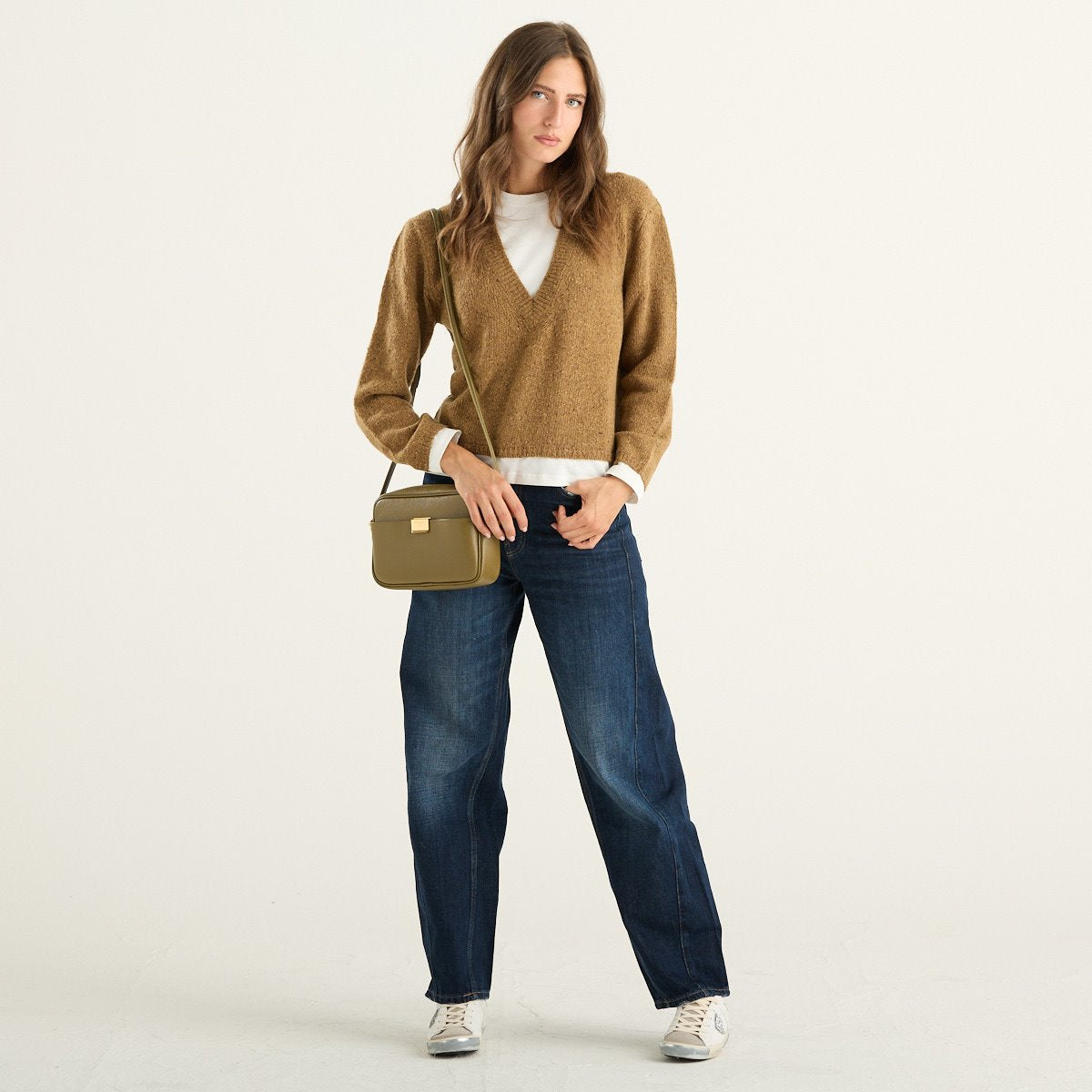Solo Tre maglia donna Biscuit mélange con scollo a V ed effetto sovrapposto
