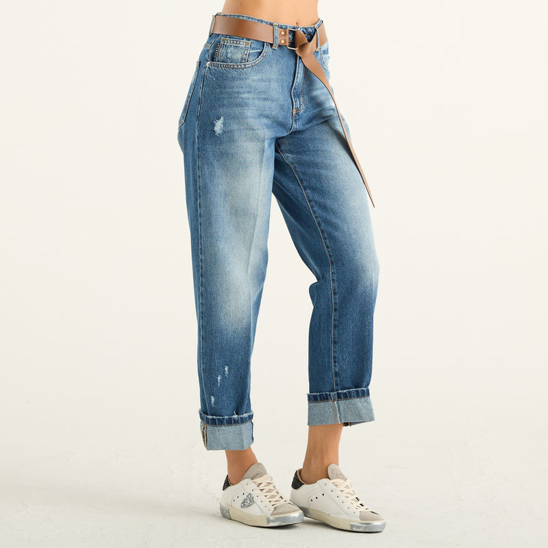 Haveone – Jeans Mandy con piega e cintura in denim blu